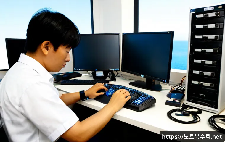 연평면 메모리조립 및 교체수리 - Photorealistic remote computer repair workstation on Yeonpyeong Island, technician wearing an anti-s...
