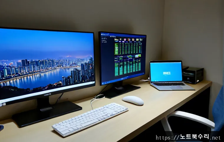 영통동 절전모드 - Photorealistic IT support workstation in a compact Yeongtong-dong apartment office at dusk, ultrawid...