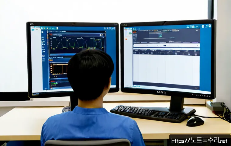 용두동 STATUS_PAGE_FAULT - Photorealistic IT support workstation in Yongdu-dong, Seoul, with a dual-monitor desktop showing an ...