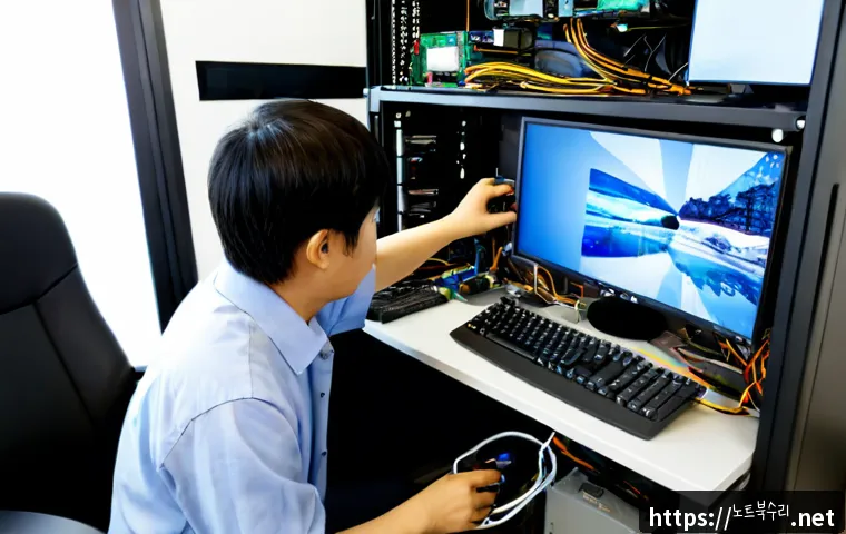 수청동 하드조립 및 교체수리 - Photorealistic computer repair workstation in a compact Suchen-dong office, technician carefully ins...