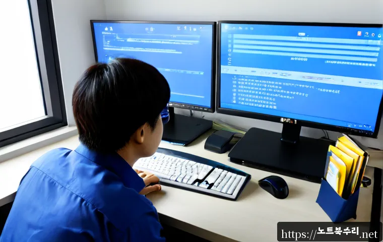 중리동 STATUS_KERNEL_SECURITY_CHECK - Photorealistic IT support workstation in a compact Zhongni-dong office, dual monitors showing a blan...