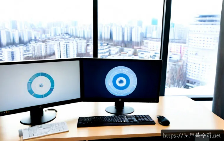자곡동 STATUS_EXECUTION_TIMEOUT - Photorealistic remote-support workstation in a modern apartment office, dual monitors showing a froz...