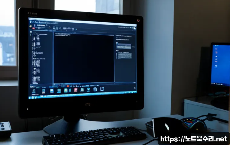 신모산동 부팅불가 - Photorealistic remote-support workstation in a compact Korean apartment office, desktop monitor froz...