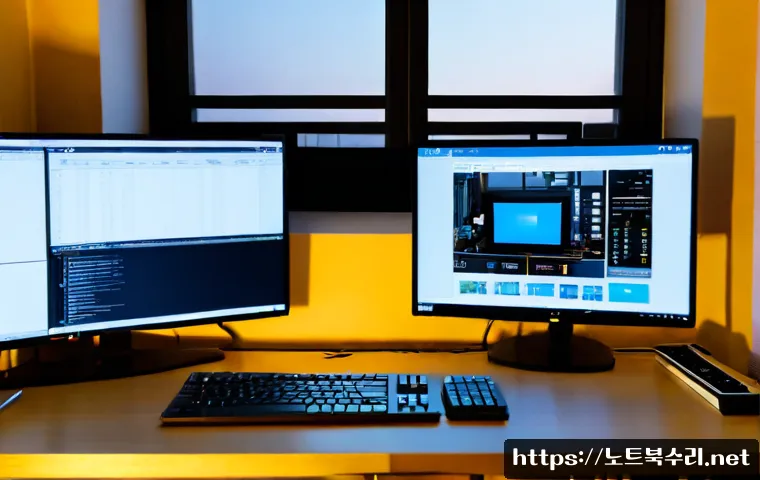 동교동 STATUS_UNSUCCESSFUL - Photorealistic remote-support workstation in a compact Donggyo-dong creative studio, dual monitors s...