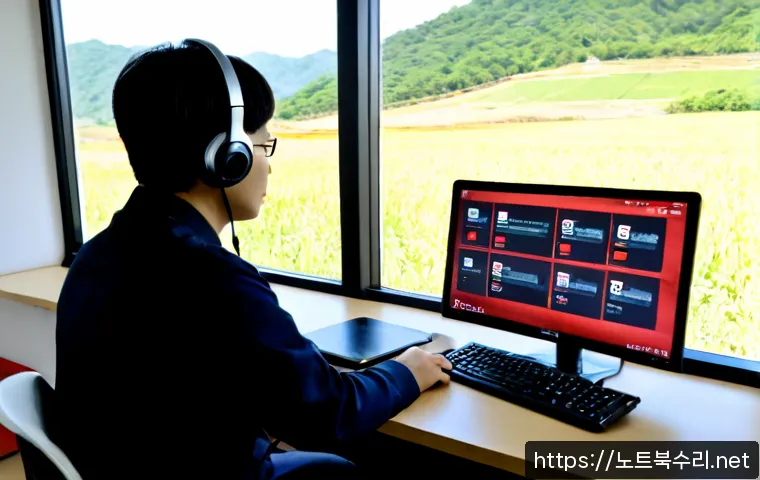 양동면 STATUS_IMAGE_ACCESS_DENIED - Photorealistic remote-support workstation in a quiet rural Korean office, technician viewing a deskt...