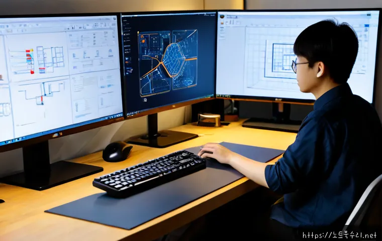 고담동 STATUS_INVALID_THREAD - Photorealistic remote-support workstation in a compact urban apartment office, dual monitors showing...