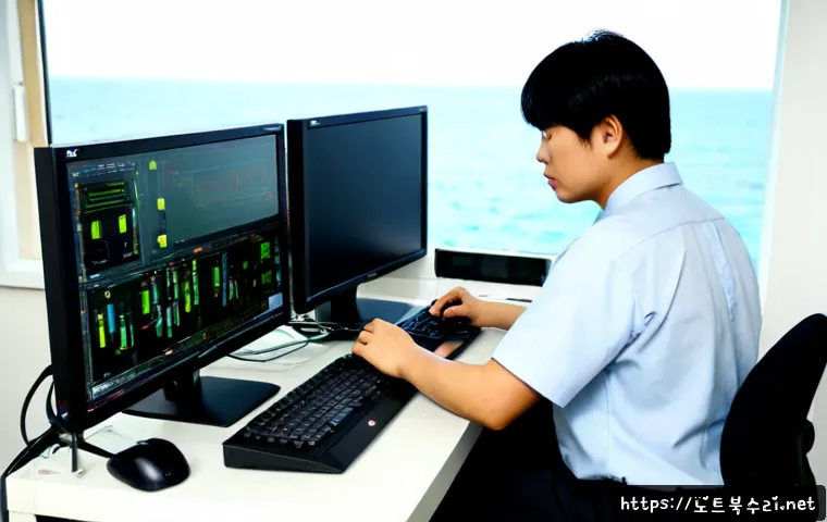 마산동 STATUS_KERNEL_CONFIGURATION_ERROR - Photorealistic PC repair workstation in a compact Korean apartment office, dual monitors showing abs...
