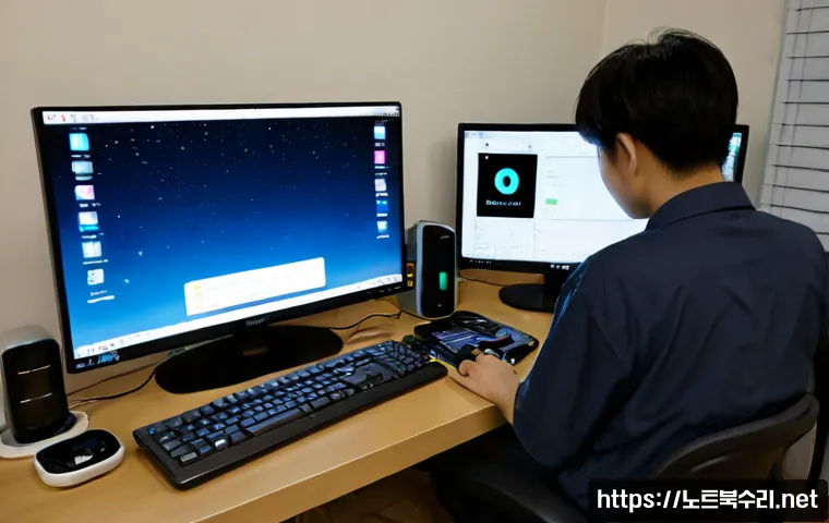 금이동 절전모드 - Photorealistic remote-support workstation in a quiet Geumidong apartment office at night, desktop mo...