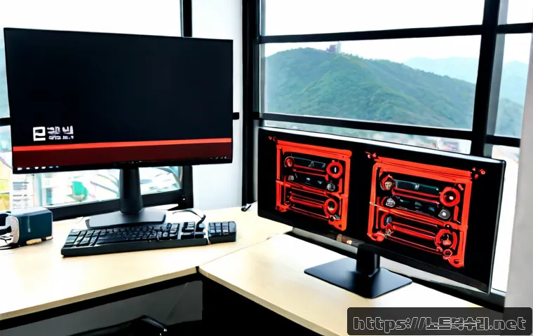 금곡동 STATUS_DISK_WRITE_FAILURE - Photorealistic remote-support workstation in a Geumgok-dong apartment office, dual monitors showing ...
