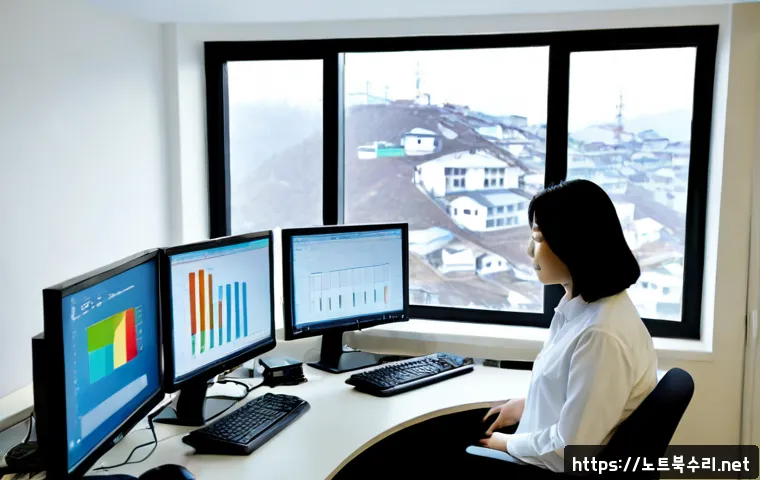 수암동 STATUS_DATATYPE_MISALIGNMENT - Photorealistic IT support workstation in a compact hillside neighborhood office, dual monitors showi...