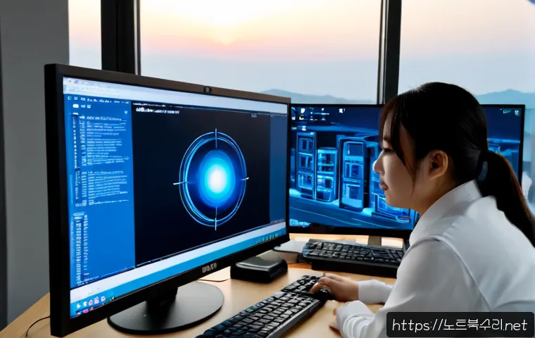 이의동 PAGE_FAULT_IN_NONPAGED_AREA - Photorealistic IT support workstation in a modern Gwanggyo-style apartment office, dual monitors sho...