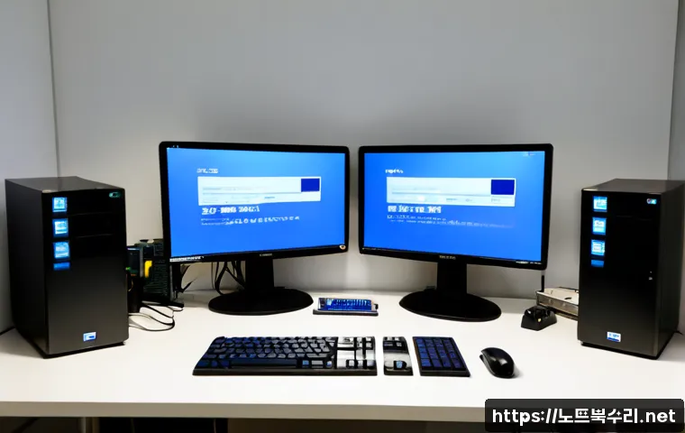 연양동 STATUS_KERNEL_HEAP_CORRUPTION - Photorealistic IT support workstation in a compact Yeonyang-dong office, dual monitors showing a bla...