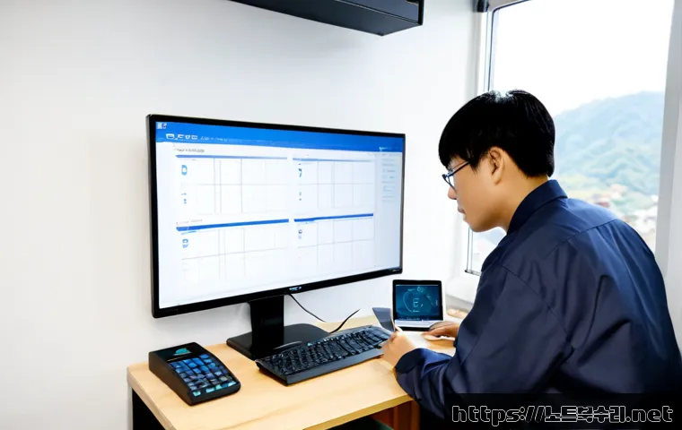 석수동 NAS출장방문수리점 - Photorealistic on-site NAS repair in a compact apartment office near a quiet Korean residential hill...