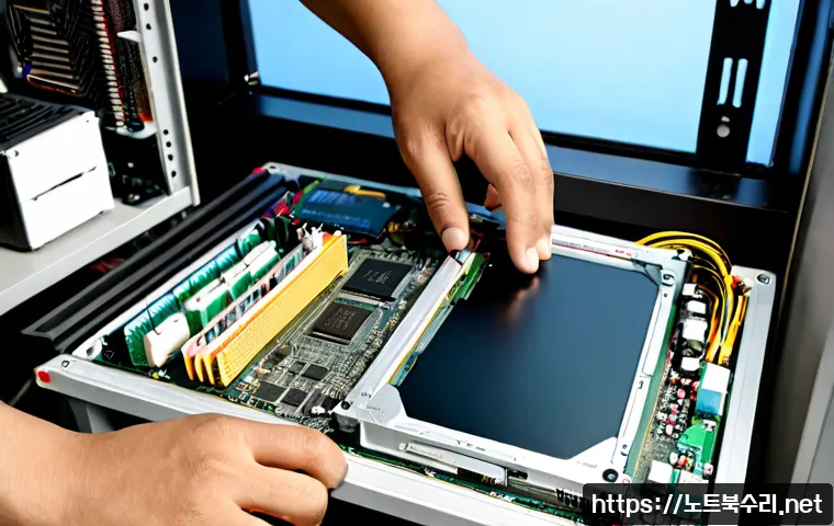 사간동 메인보드조립 및 교체수리 - Photorealistic desktop computer repair bench in a compact Sagandong workshop, technician carefully i...