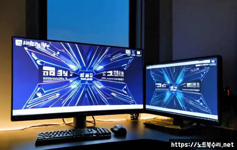 봉래동 UNEXPECTED_KERNEL_MODE_TRAP - Photorealistic IT support workstation in Bongnaedong, Busan, dual monitors showing a blank cobalt sy...