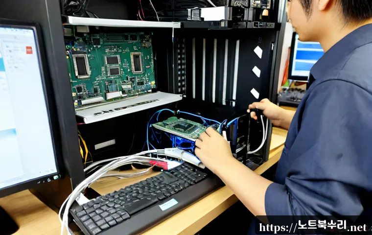 선단동 pc복구중 - Photorealistic PC recovery workstation in a compact Seondan-dong neighborhood repair shop, technicia...