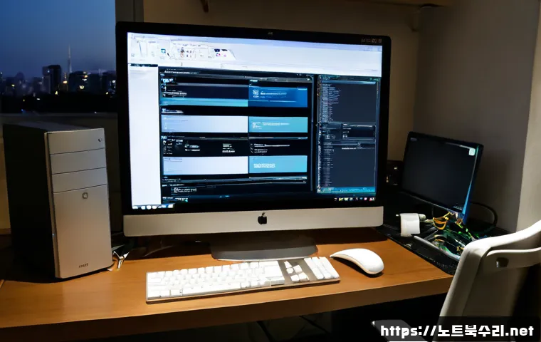 기산동 해킨토시 재설치 포맷  초기화 - Photorealistic home office workstation during a custom desktop computer reset, silver all-in-one mon...