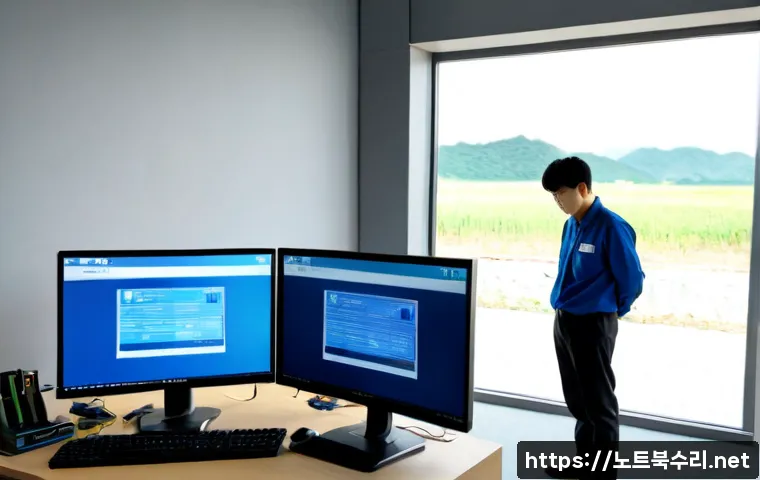 초지동 WATCHDOG_VIOLATION - Photorealistic IT support workstation in a modern Korean industrial office near Chojidong, dual moni...