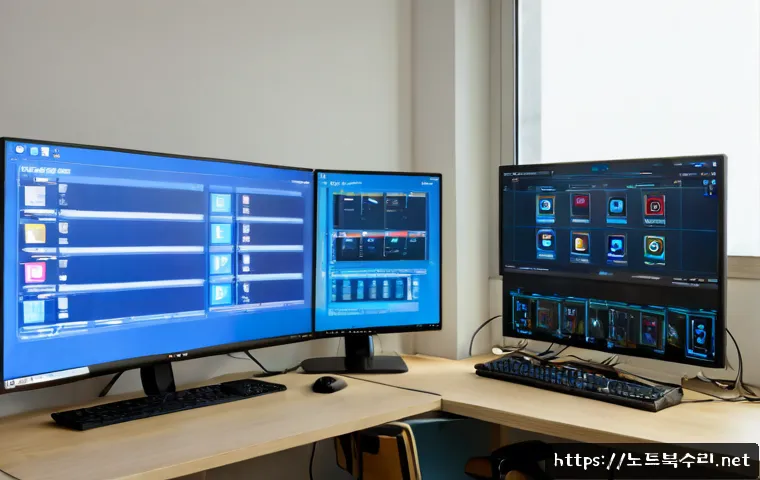 장곡동 DRIVER_PORTION_MUST_BE_NONPAGED - Photorealistic remote-support workstation in Janggok-dong, dual monitors showing a blank blue system...