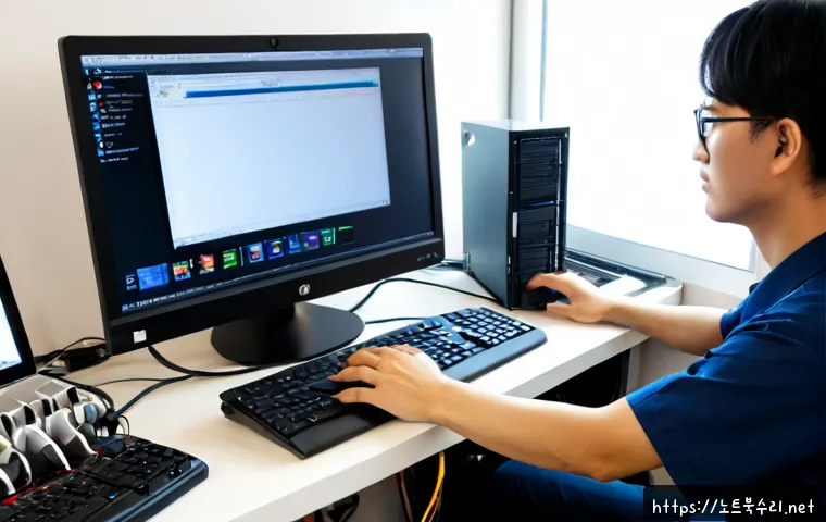 미성동 출장방문윈도우 windows 설치 - Photorealistic on-site computer setup in a compact Misung-dong apartment workspace, technician confi...
