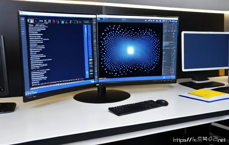 서초동 VIDEO_DRIVER_INIT_FAILURE - Photorealistic Seochodong architectural workstation, dual ultrawide monitors with a dark blue system...