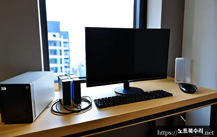 동탄시 해놀로지 xpenology 구축 - Photorealistic modern home-office workstation in Dongtan, compact custom NAS server with neatly rout...