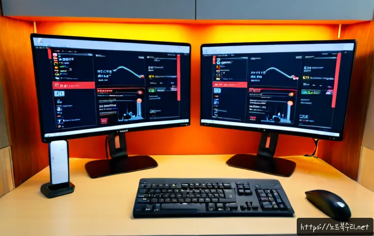 관철동 STATUS_DEVICE_OFFLINE - Photorealistic IT support workstation in a compact Jongno-style office, dual monitors showing a blan...