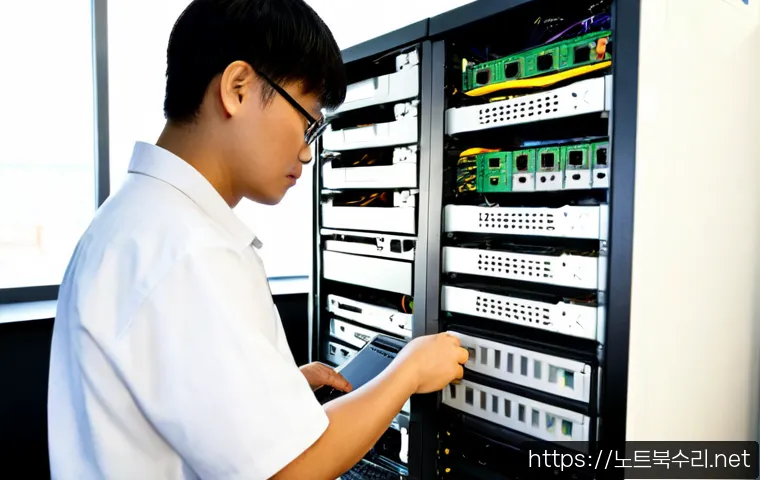와부읍 server출장방문수리점 - Photorealistic server technician performing onsite maintenance in a compact Wabu-eup small business ...
