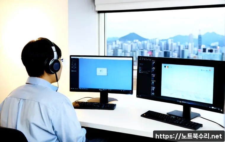 장상동 STATUS_ACCESS_VIOLATION - Photorealistic remote-support workstation in a quiet Jangsang-dong apartment office, dual monitors s...