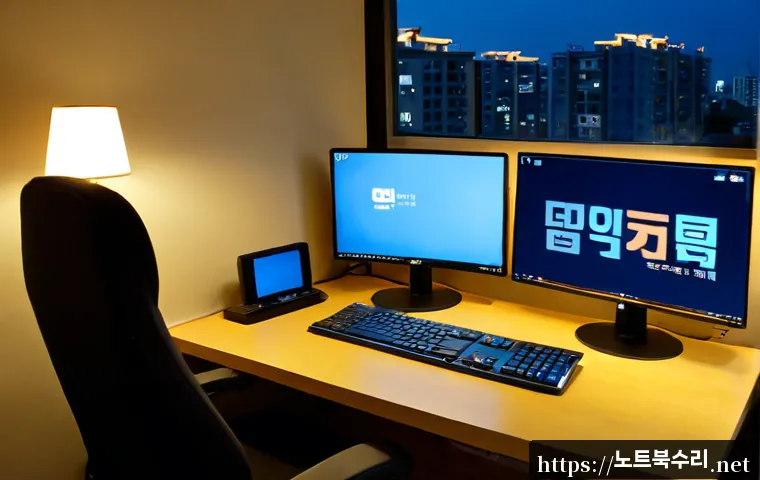 본동 절전모드 - Photorealistic remote-support workstation in a quiet Bon-dong apartment office at dusk, dual monitor...
