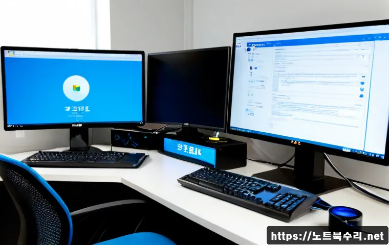 감정동 STATUS_KERNEL_CONFIGURATION_ERROR - Photorealistic remote-support workstation in a bright apartment office, dual monitors showing a blan...
