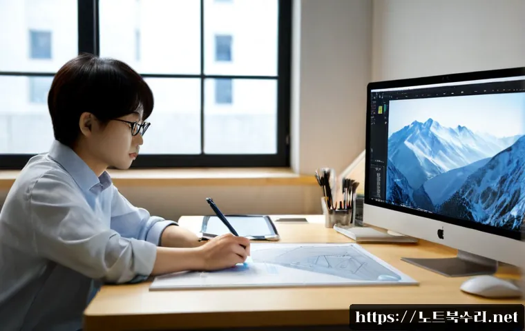 동숭동 STATUS_ACCESS_VIOLATION - Photorealistic software support workstation in a compact Dongsoong-dong creative studio, dual monito...