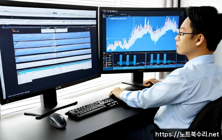 덕교동 HARDWARE_INTERRUPT_STORM - Photorealistic remote-support workstation in Deokgyo-dong, dual monitors showing a dense abstract sy...