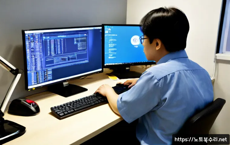 돈의동 SYSTEM_THREAD_EXCEPTION_NOT_HANDLED - Photorealistic IT support workstation in a compact Seoul office, engineer studying a desktop monitor...