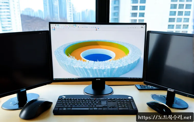 오목천동 VIDEO_MEMORY_MANAGEMENT_INTERNAL - Photorealistic desktop workstation in a quiet Omokcheon-dong apartment office, dual monitors showing...