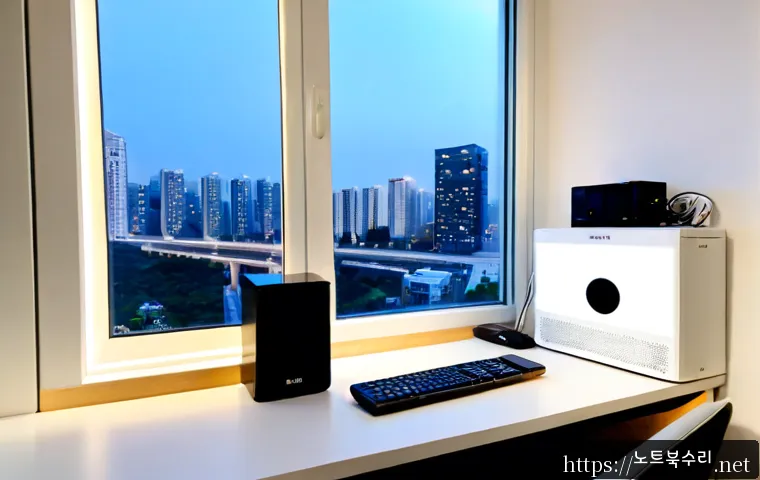 노원구 해놀로지 xpenology 구축 - Photorealistic home-office workstation in Nowon-gu, Seoul, compact desktop computer beside a multi-b...