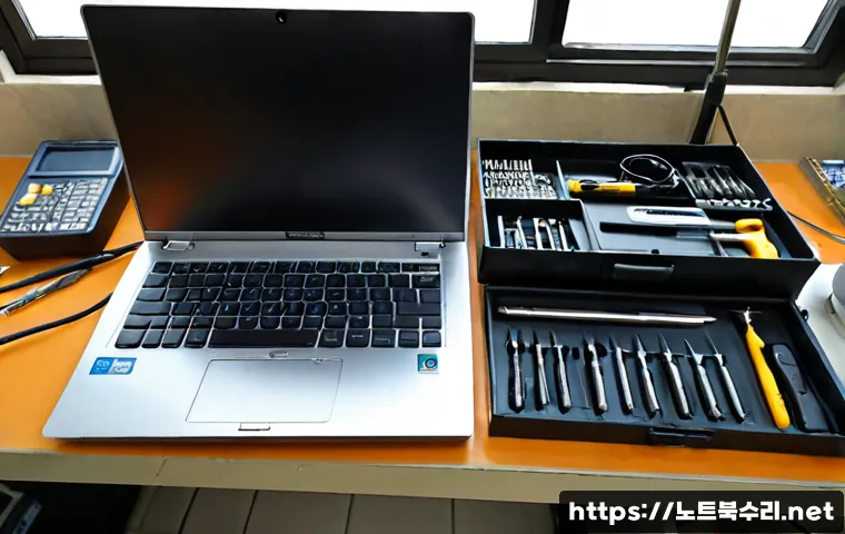 자일동 맥북에어 판매 및 수리 - Photorealistic electronics repair workstation in a quiet Jaidong neighborhood shop, ultra-thin silve...