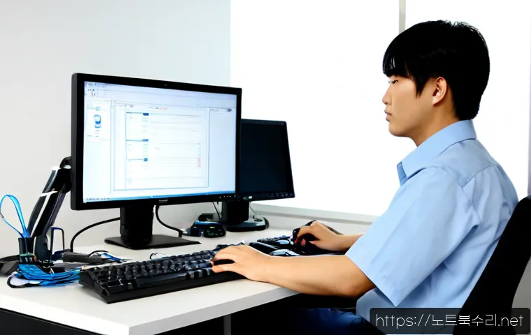 용인시 BUGCODE_USB_DRIVER - Photorealistic IT support workstation in a modern Yongin office, technician reconnecting a USB devic...