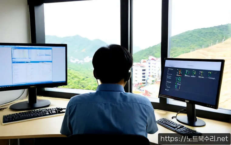 무악동 STATUS_KERNEL_APC_PENDING - Photorealistic IT support workstation in a compact Muak-dong apartment office, dual monitors showing...