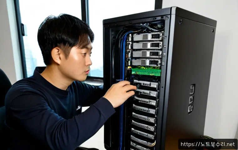 덕교동 STATUS_DISK_CORRUPTION - Photorealistic IT support workstation in a compact Deokgyo-dong apartment office, technician examini...