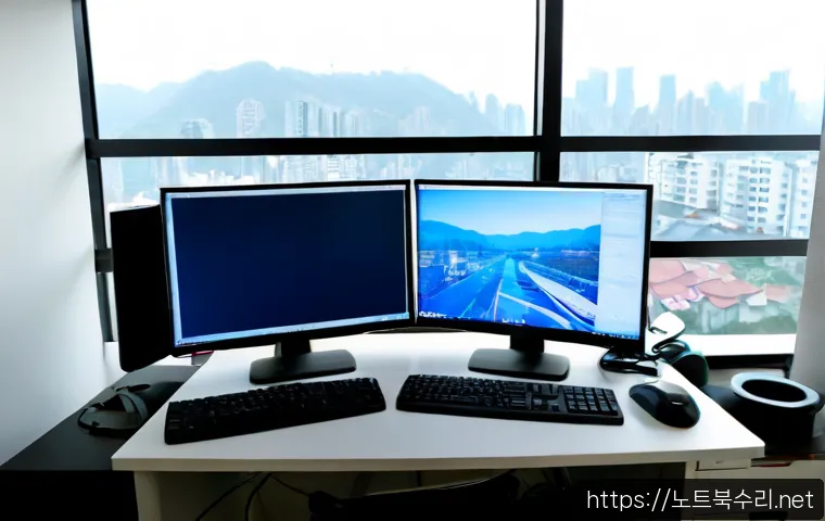 비산동 STATUS_INVALID_DISPOSITION - Photorealistic IT support workstation in a compact Bisandong apartment office, dual monitors display...
