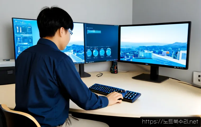 냉천동 STATUS_SESSION_TIMEOUT - Photorealistic IT support workstation in a compact hillside neighborhood office, dual monitors showi...