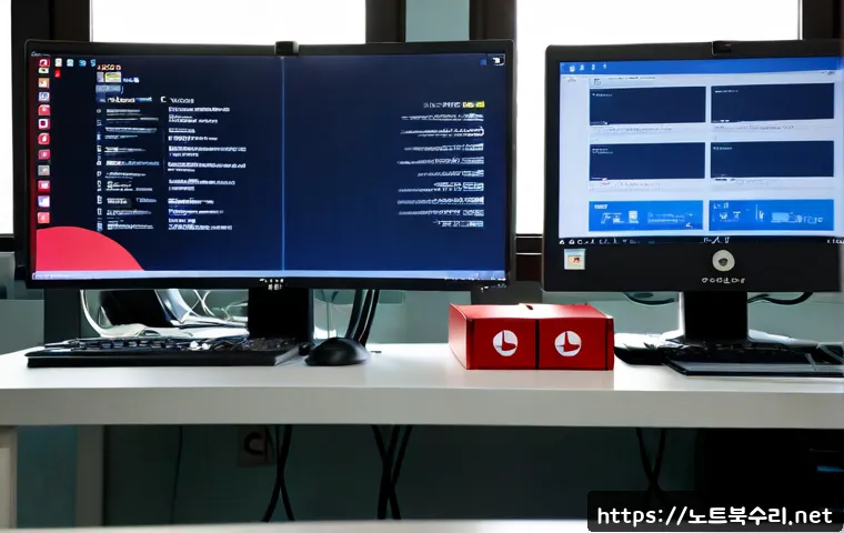 양지면 STATUS_IO_ERROR - Photorealistic IT support workstation in a quiet Yangji-myeon office, dual monitors showing a blank ...