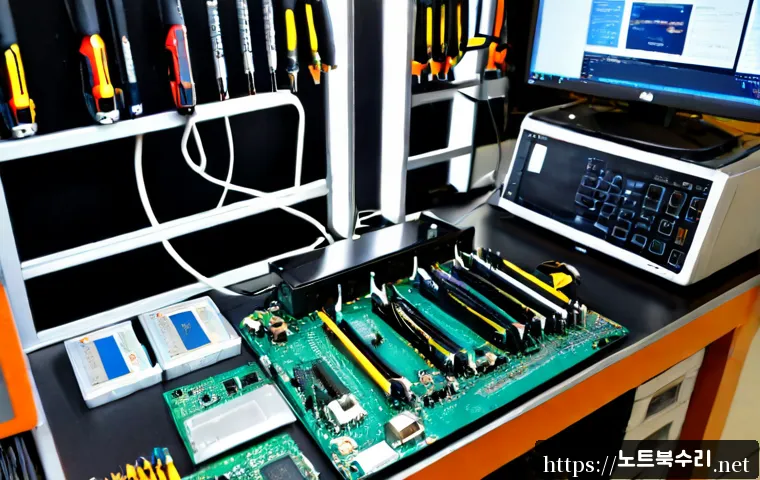 김포동 맥미니 판매 및 수리 - Photorealistic electronics repair workstation in Gimpo-dong, a compact silver mini desktop computer ...