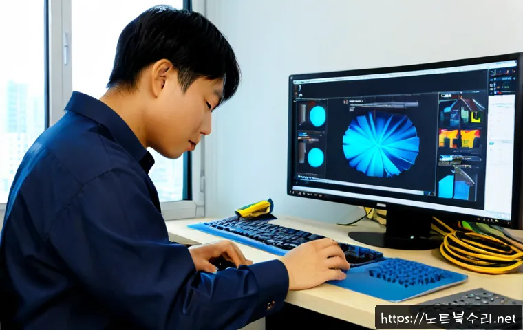 답동 STATUS_KERNEL_FILE_SYSTEM_ERROR - Photorealistic IT support workstation in a compact Dapdong office, dual monitors showing a nonverbal...