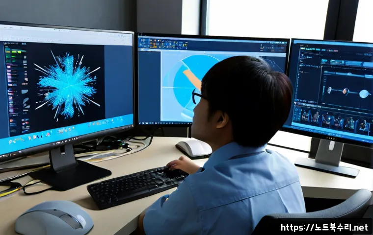 송탄동 STATUS_ACCESS_VIOLATION - Photorealistic IT support workstation in a compact Songtan-dong office, dual monitors showing a blan...