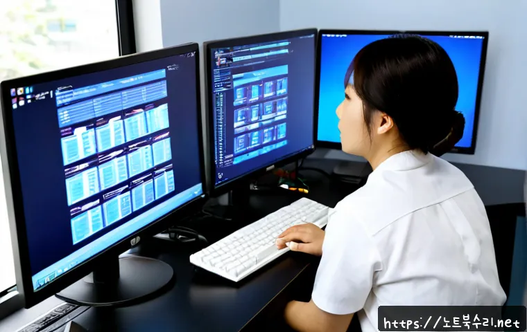 기배동 FAT32_FILE_SYSTEM - Photorealistic IT support workstation in a modern Korean suburban office, dual monitors showing a cl...