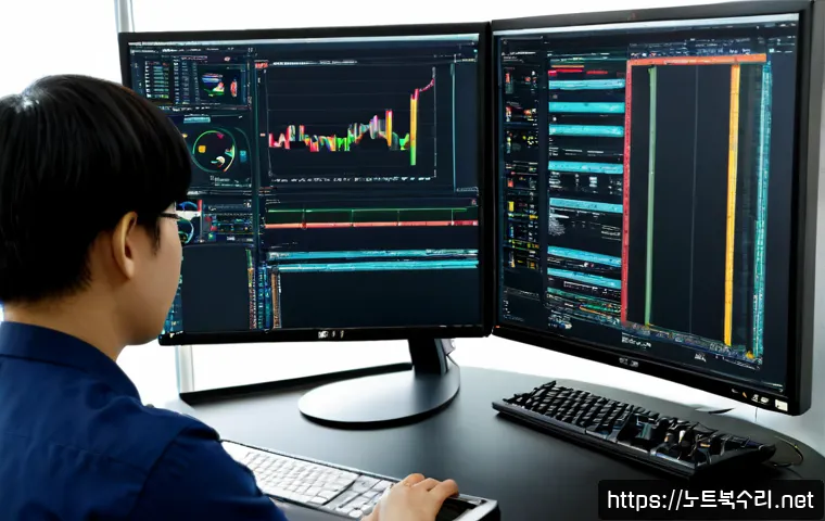 서구 STATUS_MODULE_NOT_FOUND - Photorealistic IT support workstation in a modern Seo-gu office, dual monitors showing a clean abstr...