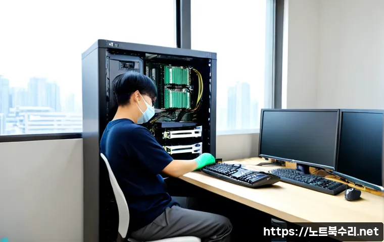 누상동 HARDWARE_MEMORY_FAILURE - Photorealistic computer repair workstation in a compact Nuseong-dong office, technician wearing anti...