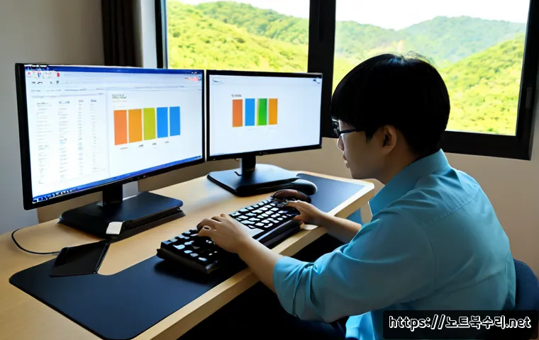 성복동 STATUS_DATATYPE_MISALIGNMENT - Photorealistic remote-support workstation in a modern Seongbok-dong apartment study, dual monitors s...